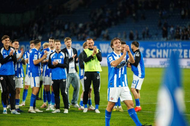 After the game, Benno Dietze of Rostock is celebrated while wearing the yellow jersey; Franz Pfanne, Rostock, GER; FC Hansa Rostock vs. VfB Stuttgart II; soccer; men s; 3rd Division; Matchday 6; 2026–2027 season; September 16, 2026, Rostock Ostseestadion, Mecklenburg-Western Pomerania, Germany