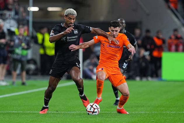 September 16, 2026, xydrx, Men s, Soccer, Europa League, Bayer 04 Leverkusen vs. NK Celje, 2026–2027 season, BayArena: Loic Bade (Bayer 04 Leverkusen), No. 5, in a tackle against Milot Avdyli (NK Celje), No. 11. Regulations prohibit any use of photographs as image sequences and or quasi-video. Copyright: HMBxMedia YannisxDreimann