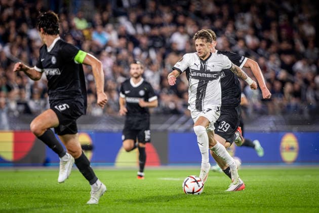 STURM GRAZ - RENNES Luca Weinhandl of Sturm and Sebastian Szymanski of Rennes during the matchday 1 of UEFA Europa league - league phase football match between SK Sturm Graz and Rennes at the Stadium Graz Liebenau. Graz, Austria, September 16, 2026. Photo by Branislav Racko Copyright: xx 080A2738