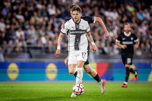 STURM GRAZ - RENNES Luca Weinhandl of Sturm and Sebastian Szymanski of Rennes during the matchday 1 of UEFA Europa league - league phase football match between SK Sturm Graz and Rennes at the Stadium Graz Liebenau. Graz, Austria, September 16, 2026. Photo by Branislav Racko Copyright: xx 080A2745