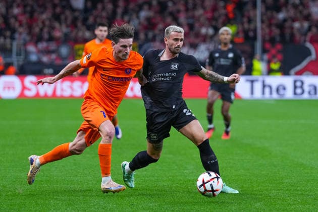 September 16, 2026, xydrx, Men s, Soccer, Europa League, Bayer 04 Leverkusen vs. NK Celje, 2026–2027 season, BayArena: Benjamin Verbic (NK Celje), No. 7 in a tackle against Aleix Garcia (Bayer 04 Leverkusen), No. 24. Regulations prohibit any use of photographs as image sequences and or quasi-video. Copyright: HMBxMedia YannisxDreimann