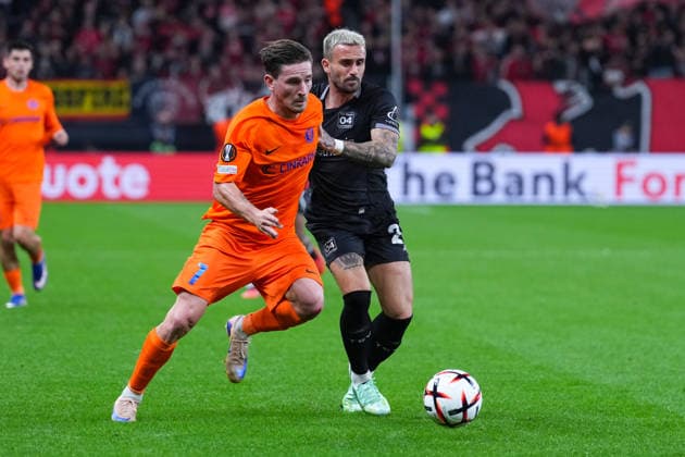 September 16, 2026, xydrx, Men s, Soccer, Europa League, Bayer 04 Leverkusen vs. NK Celje, 2026–2027 season, BayArena: Benjamin Verbic (NK Celje), No. 7 in a tackle against Aleix Garcia (Bayer 04 Leverkusen), No. 24. Regulations prohibit any use of photographs as image sequences and or quasi-video. Copyright: HMBxMedia YannisxDreimann