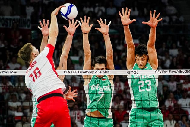 Volleyball - CEV EuroVolley 2026 Group B - Poland vs Bulgaria - 09.16.2026 SOFIA, BULGARIA - September 16th: Preslav Petkov, 7 of Bulgaria and Aleksandar Nikolov, 23 of Bulgaria during CEV EuroVolley 2026, Group B match between Poland vs Bulgaria at Arena 8888 in Sofia, Bulgaria, on September 16th, 2026 in Sofia, Bulgaria. Copyright: xYulianxTodorovx