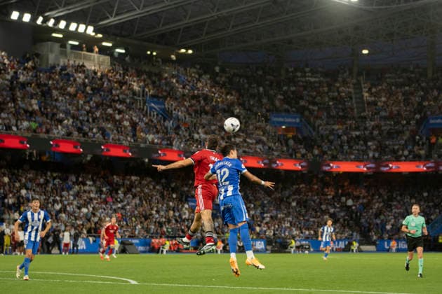 ESP LaLiga EA Sports Deportivo La Coruna Sevilla FC Isaac Romero of Sevilla and Giacomo Quagliata of Deportivo during the LaLiga EA Sports match between Deportivo La Coruna and Sevilla FC, played at Abanca Riazor Stadium in La Coruna, Galicia, on September 16, 2026, in Spain Copyright: xAgenciaxLOFx
