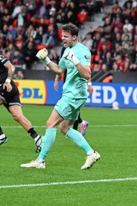 September 16, 2026, GER, Soccer, Men s, Europa League, 2026–2027 Season, Matchday 1 of the group stage, Bayer 04 Leverkusen (GER) vs. NK Celje (SVN) – Žan Leban, goalkeeper for NK Celje (No. 1), celebrates making a save. DFB and DFL regulations prohibit any use of photographs as image sequences and or quasi-video. Leverkusen, BayArena, North Rhine-Westphalia, Germany Copyright: xNordphoto Meuterx