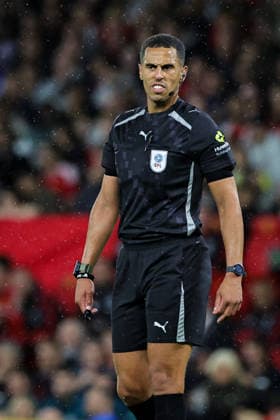 Carabao Cup round 3 Manchester United, ManU v Brighton & Hove Albion Refree Farai Hallam in action during the Carabao Cup round 3 match Manchester United vs Brighton & Hove Albion at Old Trafford, Manchester, United Kingdom on 16 September 2026 (Photo by Mark Cosgrove News Images) Manchester Old Trafford Greater Manchester United Kingdom Copyright: xMarkxCosgrove NewsxImagesx