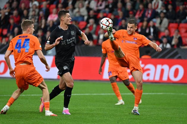 September 16, 2026, GER, Soccer, Men s, Europa League, 2026–2027 Season, Matchday 1 of the group stage, Bayer 04 Leverkusen (GER) vs. NK Celje (SVN), Patrick Schick (Leverkusen, No. 14) in a tackle against Pijus Å irvys (NK Celje, No. 2), DFB and DFL regulations prohibit any use of photographs as image sequences and or quasi-video. Leverkusen BayArena, NRW, Germany Copyright: xNordphoto Meuterx