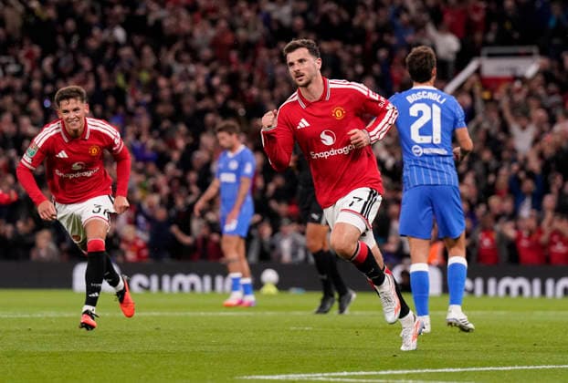 Manchester, England, 16th September 2026. Mason Mount of Manchester United, ManU celebrates after scoring during the Manchester United vs Brighton and Hove Albion Carabao Cup match at Old Trafford, Manchester. Picture credit should read: Andrew Yates Sportimage EDITORIAL USE ONLY. No use with unauthorised audio, video, data, fixture lists, club league logos or live services. Online in-match use limited to 120 images, no video emulation. No use in betting, games or single club league player publications. SPI_005_AY_MAN_UTD_BRIGHTON SPI-5001-0005