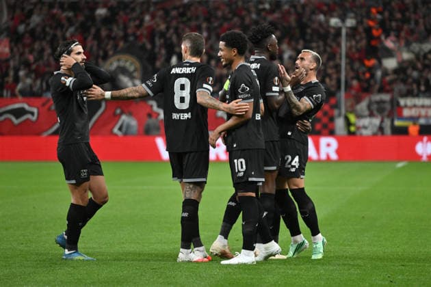 Celebration: Leverkusen 1–0, from left: Aleix Garcia (Bayer 04 Leverkusen), Edmond Tapsoba (Bayer 04 Leverkusen), Malik Tillman (Bayer 04 Leverkusen), Robert Andrich, Bayer 04 Leverkusen; Martin Terrier, Bayer 04 Leverkusen, September 16, 2026; Soccer, UEFA Europa League 2026–2027; Matchday 1, Bayer 04 Leverkusen vs. NK Celje. UEFA regulations prohibit any use of photographs as image sequences and or quasi-video. Leverkusen, BayArena, North Rhine-Westphalia, Germany Team2