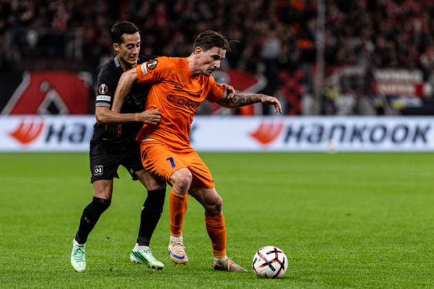 UEFA Europa League: Bayer 04 Leverkusen vs. NK Celje, September 16, 2026; Lucas Vázquez (Bayer 04 Leverkusen, 17), Benjamin Verbic (NK Celje, 7); UEFA Europa League, Matchday 1: Bayer 04 Leverkusen vs. NK Celje at BayArena, Leverkusen, September 16, 2026 Copyright: xBEAUTIFULxSPORTS Buriakovx