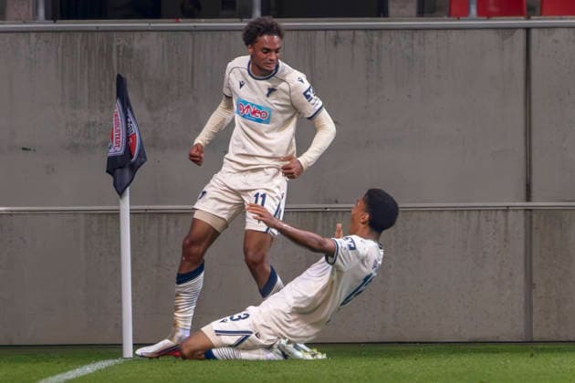 Ingolstadt, Germany, August 8, 2026, 3rd League 2026–2027, Matchday 6: FC Ingolstadt 04 vs. TSG Hoffenheim II. Pictured, from left: Goal scorer Jykese Fields of TSG II celebrates after his goal to make it 1–2, alongside Tristan Spranger of TSG II. DFB DFL regulations prohibit any use of photographs as image sequences and or quasi-video. Audi Sportpark Bayern Copyright: xFotostandx xSchäferx