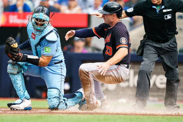 September 16, 2026, Toronto, On, Canada: Detroit Tigers Colt Keith (33) is safe at home on a single by Tigers Riley Greene (31) against the Toronto Blue Jays during first inning MLB, Baseball Herren, USA action in Toronto, on Wednesday, Sept. 16, 2026. Canada News - September 16, 2026  - ZUMAc35_ 20260916_zaf_c35_123 Copyright: xKeitoxNewmanx