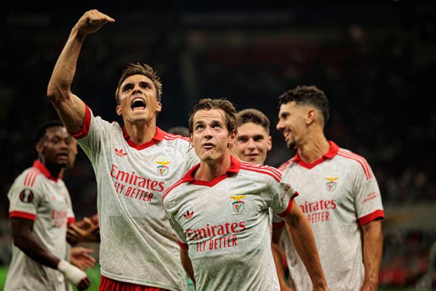 Joao Palhinha and Jakub Kaminski seen celebrating after scoring goal during UEFA Europa League MD1 game between teams of AC Milan and SL Benfica (Maciej Rogowski Ball Raw Images) Milan San Siro Italy Copyright: xMaciejxRogowskix maciejrogowski_acmilan_benfica_2627_3-3