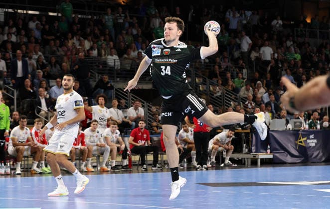 Hakun West of Teigum scores a goal. Game highlight. Action. Sports. Handball. Champions League. Men s Champions League. Matchday 2. 2026–2027 season. September 16, 2026. Füchse Berlin vs. One Veszprém HC at the Max Schmeling Halle.