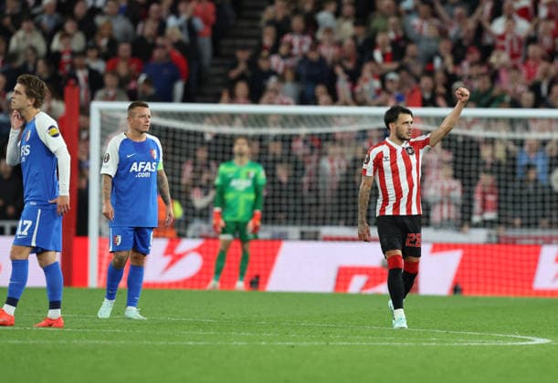 Sunderland, England, 16th September 2026. Enzo Le Fee of Sunderland celebrates scoring the first goal during the Sunderland vs AZ Alkmaar UEFA Europa League match at the Stadium Of Light, Sunderland. Picture credit should read: Nigel Roddis Sportimage EDITORIAL USE ONLY. No use with unauthorised audio, video, data, fixture lists, club league logos or live services. Online in-match use limited to 120 images, no video emulation. No use in betting, games or single club league player publications. SPI_018_NR_SUND_AZAL SPI-5002-0018