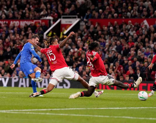 Manchester, England, 16th September 2026. Pascal Grob of Brighton (scoring (2-2) during the Manchester United, ManU vs Brighton and Hove Albion Carabao Cup match at Old Trafford, Manchester. Picture credit should read: Andrew Yates Sportimage EDITORIAL USE ONLY. No use with unauthorised audio, video, data, fixture lists, club league logos or live services. Online in-match use limited to 120 images, no video emulation. No use in betting, games or single club league player publications. SPI_034_AY_MAN_UTD_BRIGHTON SPI-5001-0035