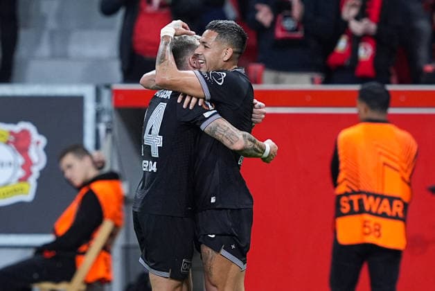 September 16, 2026, xydrx, Men s, Soccer, Europa League, Bayer 04 Leverkusen vs. NK Celje, 2026–2027 Season, BayArena: Celebrations after Bayer 04 Leverkusen s 2–0 goal scored by Facundo Medina (Bayer 04 Leverkusen, No. 2), alongside Aleix Garcia (Bayer 04 Leverkusen, No. 24). Regulations prohibit any use of photographs as image sequences and or quasi-video. Copyright: HMBxMedia YannisxDreimann