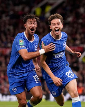 Manchester, England, 16th September 2026. Maxim De Cuyper of Brighton celebrates scoring their third goal during the Manchester United, ManU vs Brighton and Hove Albion Carabao Cup match at Old Trafford, Manchester. Picture credit should read: Andrew Yates Sportimage EDITORIAL USE ONLY. No use with unauthorised audio, video, data, fixture lists, club league logos or live services. Online in-match use limited to 120 images, no video emulation. No use in betting, games or single club league player publications. SPI_041_AY_MAN_UTD_BRIGHTON SPI-5001-0041