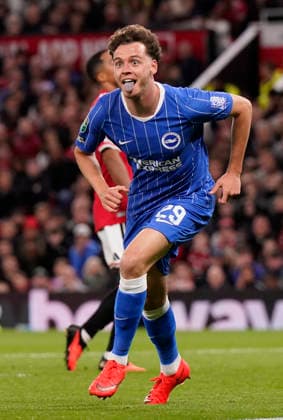 Manchester, England, 16th September 2026. Maxim De Cuyper of Brighton celebrates scoring their third goal during the Manchester United, ManU vs Brighton and Hove Albion Carabao Cup match at Old Trafford, Manchester. Picture credit should read: Andrew Yates Sportimage EDITORIAL USE ONLY. No use with unauthorised audio, video, data, fixture lists, club league logos or live services. Online in-match use limited to 120 images, no video emulation. No use in betting, games or single club league player publications. SPI_044_AY_MAN_UTD_BRIGHTON SPI-5001-0044