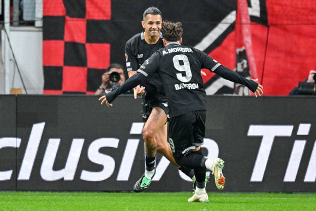 Facundo Medina (Leverkusen 2) celebrates with Afonso Moreira (Leverkusen 9) after scoring the goal that made it 2–0 on September 16, 2026 ¢ Soccer ¢ Europa League ¢ Bayer 04 Leverkusen vs. NK Celje, BayArena, Leverkusen, North Rhine-Westphalia, Germany Copyright: xpepphotox xHorstxMauelshagenx pep00321, pep_20260916_hm