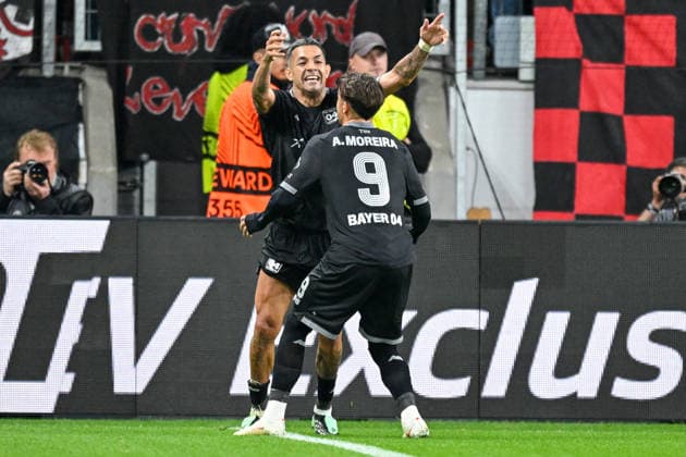 Facundo Medina (Leverkusen 2) celebrates with Afonso Moreira (Leverkusen 9) after scoring the goal that made it 2–0 on September 16, 2026 ¢ Soccer ¢ Europa League ¢ Bayer 04 Leverkusen vs. NK Celje, BayArena, Leverkusen, North Rhine-Westphalia, Germany Copyright: xpepphotox xHorstxMauelshagenx pep00321, pep_20260916_hm