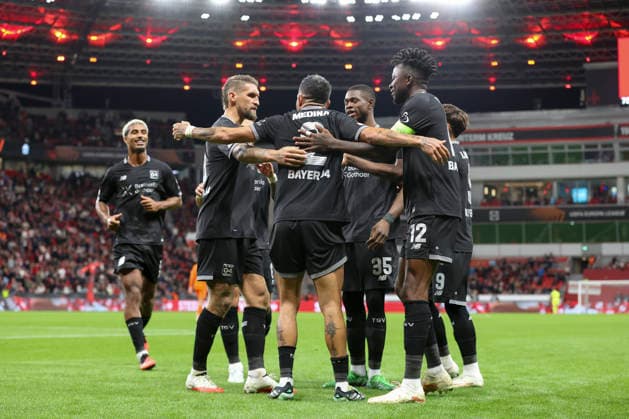 Facundo Medina of Bayer 04 Leverkusen celebrates with his teammates after scoring his team s second goal during the 2026–27 UEFA Europa League group stage match between Bayer 04 Leverkusen and NK Celje at BayArena on September 16, 2026 in Leverkusen, Germany. Photo by Oliver Kaelke, DeFodi Images