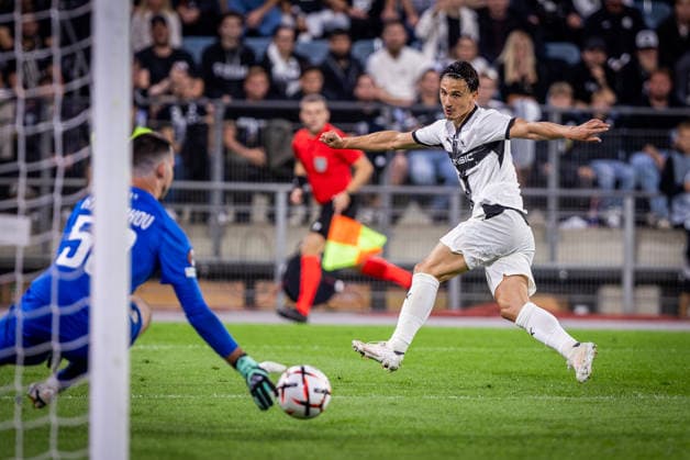 STURM GRAZ - RENNES Danil Khudyakov of Sturm and Esteban Lepaul of Rennes during the matchday 1 of UEFA Europa league - league phase football match between SK Sturm Graz and Rennes at the Stadium Graz Liebenau. Graz, Austria, September 16, 2026. Photo by Branislav Racko Copyright: xx 080A3211