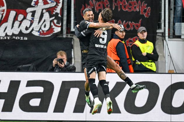 Facundo Medina (Leverkusen 2) celebrates with Afonso Moreira (Leverkusen 9) after scoring the 2-0 goal on September 16, 2026 ¢ Soccer ¢ Europa League ¢ Bayer 04 Leverkusen vs. NK Celje, BayArena, Leverkusen, North Rhine-Westphalia, Germany Copyright: xpepphotox xHorstxMauelshagenx pep00321, pep_20260916_hm