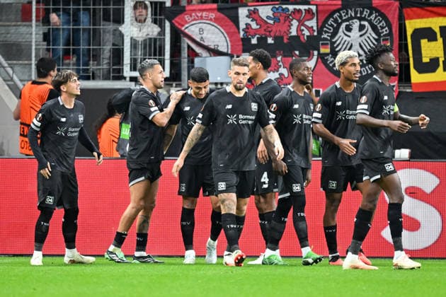Facundo Medina of Leverkusen 2 celebrates with his teammates after scoring the goal that made it 2–0 on September 16, 2026 ¢ Soccer ¢ Europa League ¢ Bayer 04 Leverkusen vs. NK Celje, BayArena, Leverkusen, North Rhine-Westphalia, Germany Copyright: xpepphotox xHorstxMauelshagenx pep00321, pep_20260916_hm