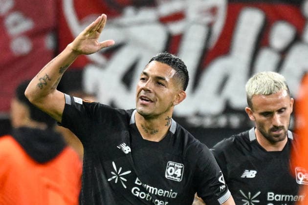 Facundo Medina of Leverkusen 2 celebrates after scoring the goal to make it 2–0 on September 16, 2026 ¢ Soccer ¢ Europa League ¢ Bayer 04 Leverkusen vs. NK Celje, BayArena, Leverkusen, North Rhine-Westphalia, Germany Copyright: xpepphotox xHorstxMauelshagenx pep00321, pep_20260916_hm