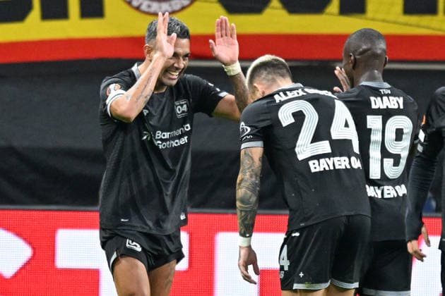 Facundo Medina (Leverkusen 2) celebrates with Aleix Garcia (Leverkusen 24) and Moussa Diaby (Leverkusen 19) after scoring the goal that made it 2–0 on September 16, 2026 ¢ Soccer ¢ Europa League ¢ Bayer 04 Leverkusen vs. NK CelThu, BayArena, Leverkusen, North Rhine-Westphalia, Germany Copyright: xpepphotox xHorstxMauelshagenx pep00321, pep_20260916_hm