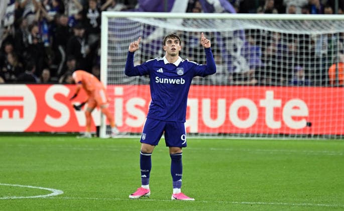 RSC Anderlecht v Olympique Lyon - UEFA Europa League BRUSSELS, BELGIUM - SEPTEMBER 16: Mihajlo Winkler (9) of Anderlecht celebrates a goal during the UEFA Europa League match between RSC Anderlecht and Olympique Lyon at Lotto Park Stadium in Brussels, Belgium, on September 16, 2026. Dursun Aydemir Anadolu Brussels Belgium. Editorial use only. Please get in touch for any other usage.  Copyright: x2026xAnadoluxDursunxAydemirx