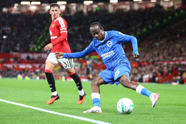 MANCHESTER, ENGLAND, SEPTEMBER 16: Malick Yalcouyé of Brighton & Hove Albion crosses the ball during a Carabao Cup Third Round match between Manchester United, ManU and Brighton & Hove Albion at the Old Trafford on September 16, 2026 in York, England. (Photo by Zach Forster Sports Press Photo) Copyright: xZachxForster SportsxPressxPhotox Sportspressphoto_SPR233150