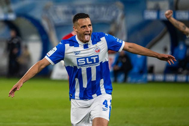 Rostock, Germany September 16, 2026 3rd League 2026–2027 Match 6 FC Hansa Rostock vs. VfB Stuttgart II Pictured: Kenan Fatkic. Hansa Rostock celebrates after his goal to make it 2–0. DFB and DFL regulations prohibit any use of photographs as image sequences and or quasi video Copyright: xFotostandx xVoelkerx