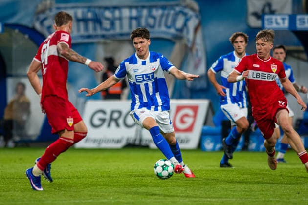 Rostock, Germany, September 16, 2026; 3. Liga 2026–2027, Match 6: FC Hansa Rostock vs. VfB Stuttgart II. Pictured: Peter Kiedl, Hansa Rostock. DFB and DFL regulations prohibit any use of photographs as image sequences and or quasi-video. Copyright: xFotostandx xVoelkerx
