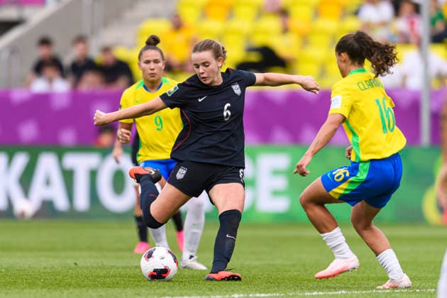 Brazil v United States - FIFA U-20 Women s World Cup Katowice, Poland - September 16: Ainsley McCammon of United States attempts a kick and scores her goal during the FIFA U-20 Women s World Cup Round of 16 match between Brazil and United States at Arena Katowice on September 16, 2026 in Katowice, Poland Copyright: xLatinxSportxImagesx