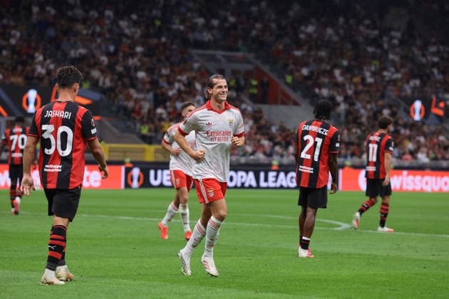 AC Milan v Benfica - UEFA Europa League - Season 2026-2027 Milan, Italy, 16th September 2026. Jakub Kaminski of SL Benfica celebrates after scoring to give the visitors a 2-0 lead during the AC Milan vs SL Benfica UEFA Europa League, League Phase match at Giuseppe Meazza, Milan. Picture credit should read: Jonathan Moscrop Milan Stadio Giuseppe Meazza Italy