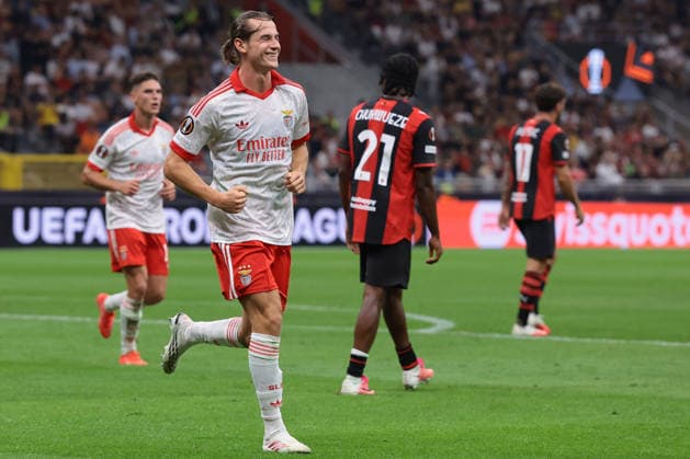AC Milan v Benfica - UEFA Europa League - Season 2026-2027 Milan, Italy, 16th September 2026. Jakub Kaminski of SL Benfica celebrates after scoring to give the visitors a 2-0 lead during the AC Milan vs SL Benfica UEFA Europa League, League Phase match at Giuseppe Meazza, Milan. Picture credit should read: Jonathan Moscrop Milan Stadio Giuseppe Meazza Italy