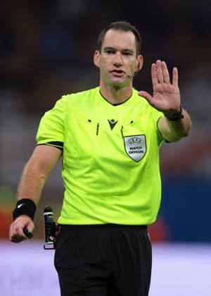 AC Milan v Benfica - UEFA Europa League - Season 2026-2027 Milan, Italy, 16th September 2026. English based Australian Referee Jarred Gillett reacts during the AC Milan vs SL Benfica UEFA Europa League, League Phase match at Giuseppe Meazza, Milan. Picture credit should read: Jonathan Moscrop Milan Stadio Giuseppe Meazza Italy