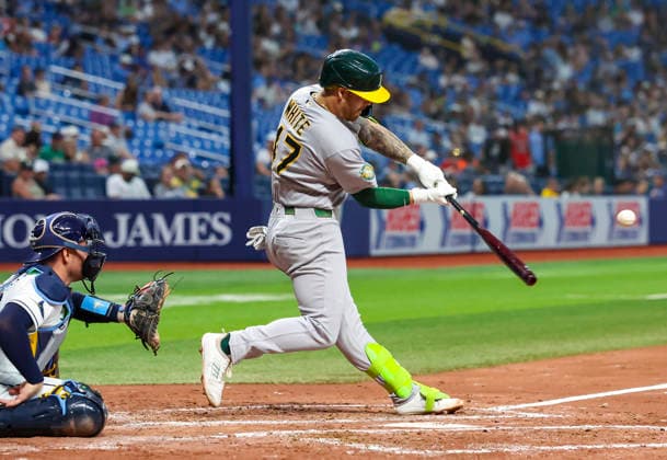 September 16, 2026, St. Petersburg, Florida, USA: Athletics third baseman Tommy White (47) connects for a solo homer in the third inning against the Tampa Bay Rays in a Major League Baseball game between the Tampa Bay Rays and the Athletics Wednesday, Sept. 16, 2026 in St. Petersburg, Florida. St. Petersburg USA - ZUMAu321 20260916_zsp_u321_013 Copyright: xChrisxUrsox