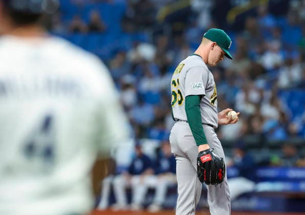 September 16, 2026, St. Petersburg, Florida, USA: Athletics pitcher Brady Basso (66) reacts after giving up an RBI double to Tampa Bay Rays right fielder Jonny DeLuca (21) in the first inning in a Major League Baseball game between the Tampa Bay Rays and the Athletics Wednesday, Sept. 16, 2026 in St. Petersburg, Florida. MLB, Baseball Herren, USA 2026: Athletics Vs Rays  - ZUMAu321 20260916_zsp_u321_017 Copyright: xChrisxUrsox