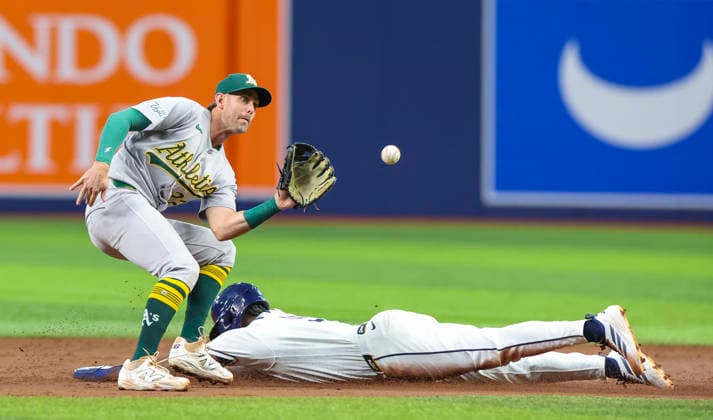 September 16, 2026, St. Petersburg, Florida, USA: Tampa Bay Rays shortstop Jorge Mateo (9) safely steals second base as Athletics second baseman Jeff McNeil (22) anticipates the throw during the second inning in a Major League Baseball game between the Tampa Bay Rays and the Athletics Wednesday, Sept. 16, 2026 in St. Petersburg, Florida. MLB, Baseball Herren, USA 2026: Athletics Vs Rays  - ZUMAu321 20260916_zsp_u321_018 Copyright: xChrisxUrsox