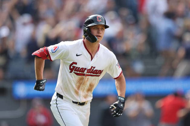 Cleveland Guardians Petey Halpin (0) reacts after hitting a three run home run in the sixth inning against the Chicago White Sox at Progressive Field in Cleveland, Ohio on Wednesday, September 16, 2026.The Guardians defeated the White Sox 6-3 to take the lead in the Central Division.  CLE20260916120 AARONxJOSEFCZYK