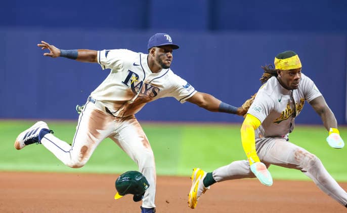 September 16, 2026, St. Petersburg, Florida, USA: Tampa Bay Rays shortstop Jorge Mateo (9) chases down Athletics right fielder Lawrence Butler (4) in the fourth inning in a Major League Baseball game between the Tampa Bay Rays and the Athletics Wednesday, Sept. 16, 2026 in St. Petersburg, Florida. MLB, Baseball Herren, USA 2026: Athletics Vs Rays  - ZUMAu321 20260916_zsp_u321_019 Copyright: xChrisxUrsox