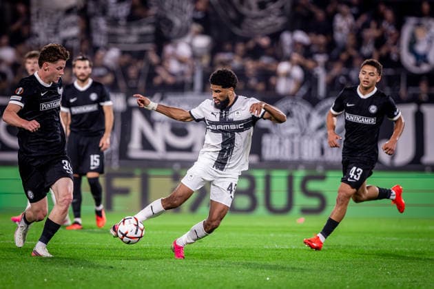 STURM GRAZ - RENNES Luca Weinhandl of Sturm and Mahdi Camara of Rennes during the matchday 1 of UEFA Europa league - league phase football match between SK Sturm Graz and Rennes at the Stadium Graz Liebenau. Graz, Austria, September 16, 2026. Photo by Branislav Racko Copyright: xx 080A2803