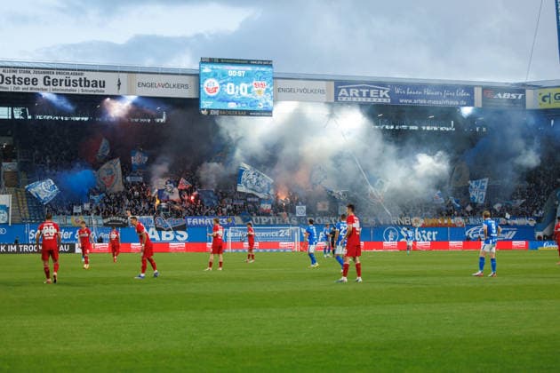 Hansa fans in the south stand with smoke and pyrotechnics GER, FC Hansa Rostock vs. VfB Stuttgart II, Soccer, Men, 3rd Division, Matchday 6, 2026–2027 season, September 16, 2026, Rostock Ostseestadion, Mecklenburg-Western Pomerania, Germany