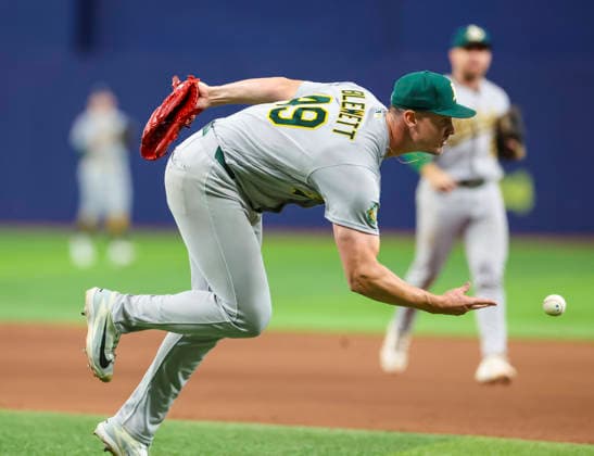 September 16, 2026, St. Petersburg, Florida, USA: Athletics pitcher Scott Blewett (49) throws the ball to first base after fielding a hit by Tampa Bay Rays left fielder Chandler Simpson (14) in the eighth inning in a Major League Baseball game between the Tampa Bay Rays and the Athletics Wednesday, Sept. 16, 2026 in St. Petersburg, Florida. The Tampa Bay Rays defeated the Athletics 4-3. MLB, Baseball Herren, USA 2026: Athletics 3 Vs 4 Rays  - ZUMAu321 20260916_zsp_u321_026 Copyright: xChrisxUrsox