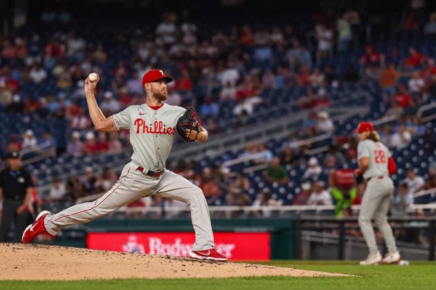 September 16, 2026, Washington D.C, District Of Columbia, United States: Washington, DC; Philadelphia Phillies pitcher Zack Wheeler (45) warms up during a Major League Baseball game against the Washington Nationals at Nationals Park on Wednesday, September 16, 2026. The Phillies beat the Nationals 3-0. MLB, Baseball Herren, USA Philadelphia Phillies 3:0 Washington Nationals  - ZUMAp258 20260916_znp_p258_004 Copyright: xStevexPrakopex