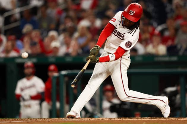 September 16, 2026, Washington D.C, District Of Columbia, United States: Washington, DC; Washington Nationals shortstop CJ Abrams (5) doubles during a Major League Baseball game against the Philadelphia Phillies at Nationals Park on Wednesday, September 16, 2026. The Phillies beat the Nationals 3-0. MLB, Baseball Herren, USA Philadelphia Phillies 3:0 Washington Nationals  - ZUMAp258 20260916_znp_p258_017 Copyright: xStevexPrakopex