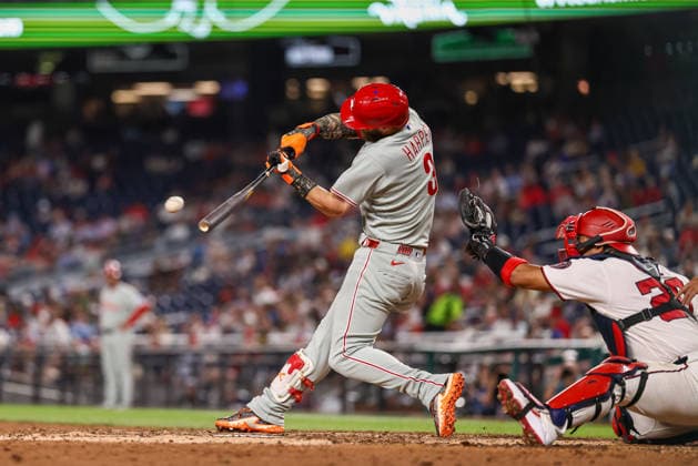 September 16, 2026, Washington D.C, District Of Columbia, United States: Washington, DC; Philadelphia Phillies first baseman Bryce Harper (3) singles during a Major League Baseball game against the Washington Nationals at Nationals Park on Wednesday, September 16, 2026. The Phillies beat the Nationals 3-0. MLB, Baseball Herren, USA Philadelphia Phillies 3:0 Washington Nationals  - ZUMAp258 20260916_znp_p258_037 Copyright: xStevexPrakopex